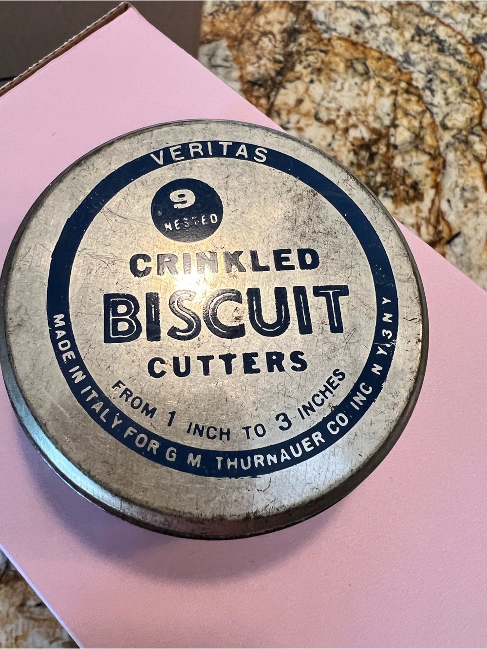Vintage Veritas Silver Tin with Blue Lettering Biscuit Cutter Set